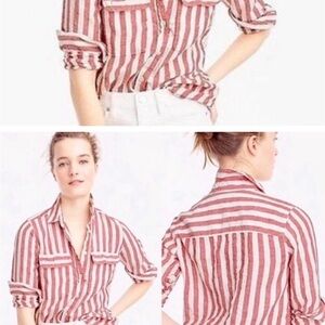 J Crew Red Striped Linen Long Sleeve Button Front Shirt Size 6
